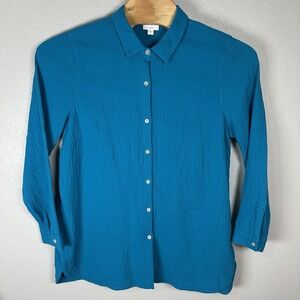 J Jill Button‎ Up Tunic Shirt Womens Large Gauze 100% Cotton Long Sleeve Blue